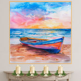 Watercolor Painting of Colorful Wooden Rowboat on Beach with Sunset Ocean Waves and Dramatic Sky in Pink Blue and Orange Tones on Ready to Hang 1.5" Thick Canvas Wrap, Floating Framed Canvas, Flat Rolled Canvas